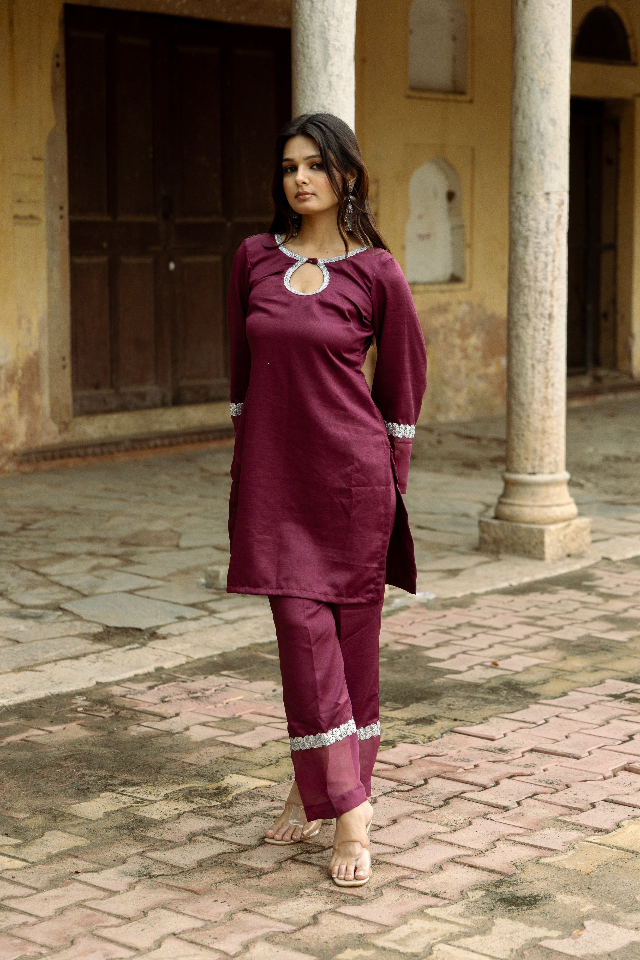 Zehra  Wine mirror lace kurta sets