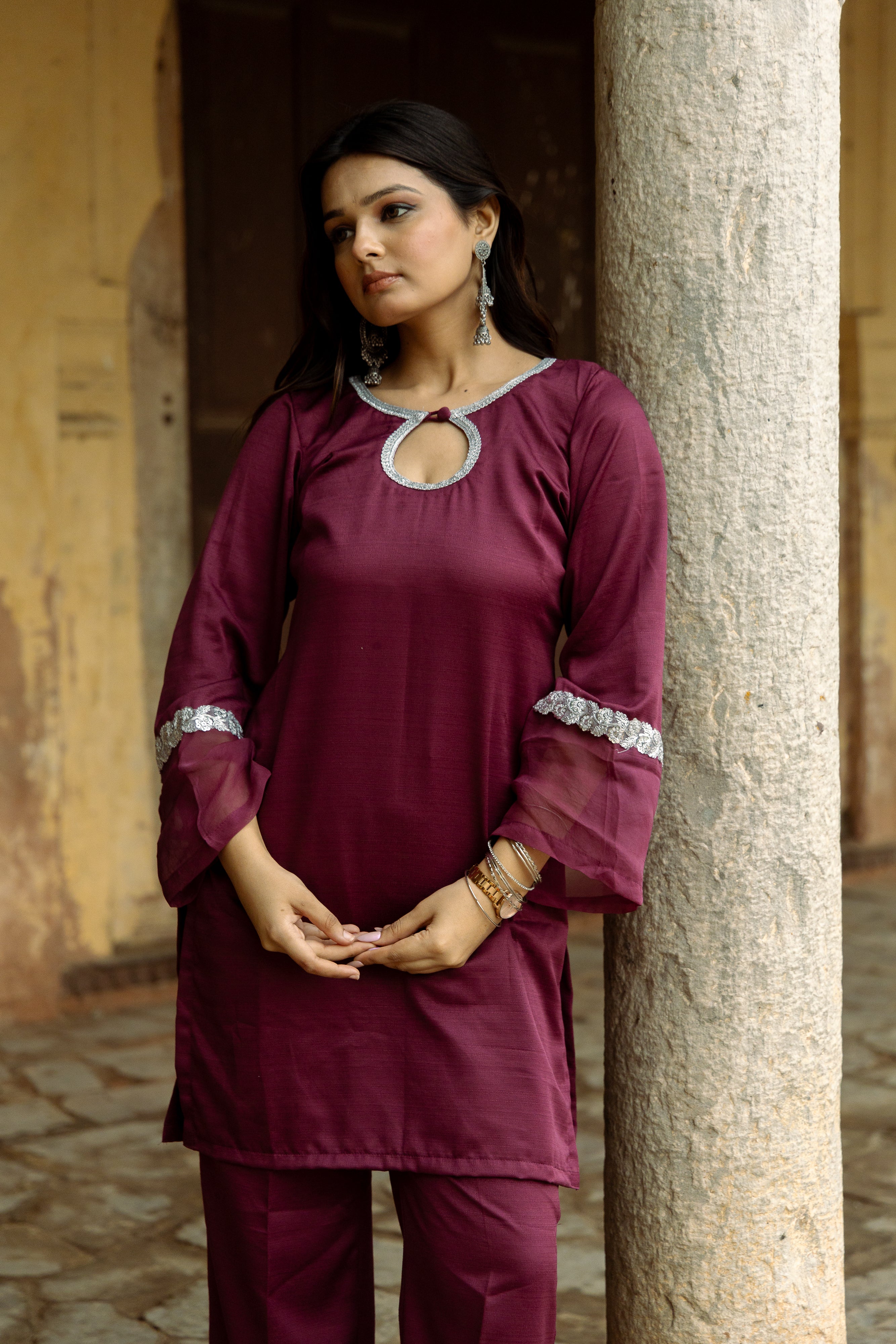 Zehra  Wine mirror lace kurta sets