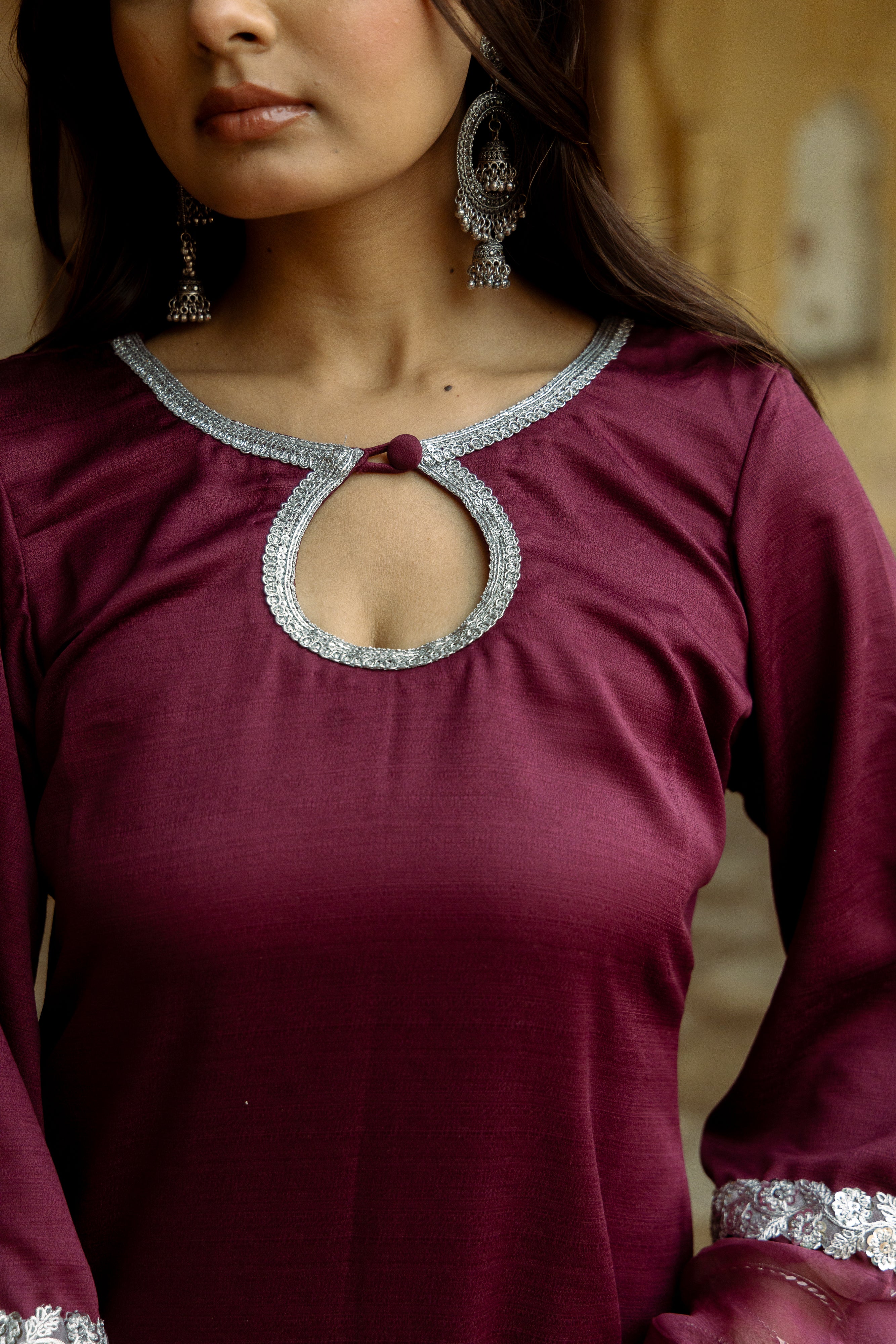 Zehra  Wine mirror lace kurta sets