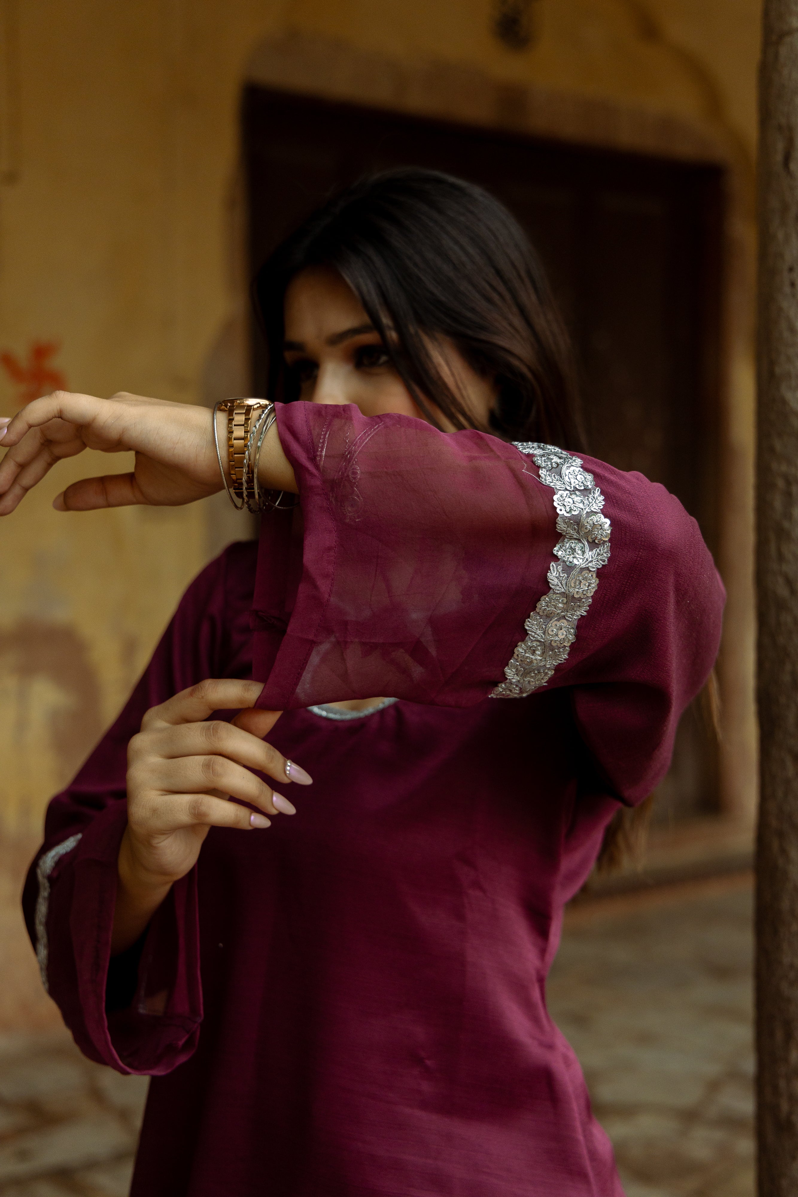 Zehra  Wine mirror lace kurta sets