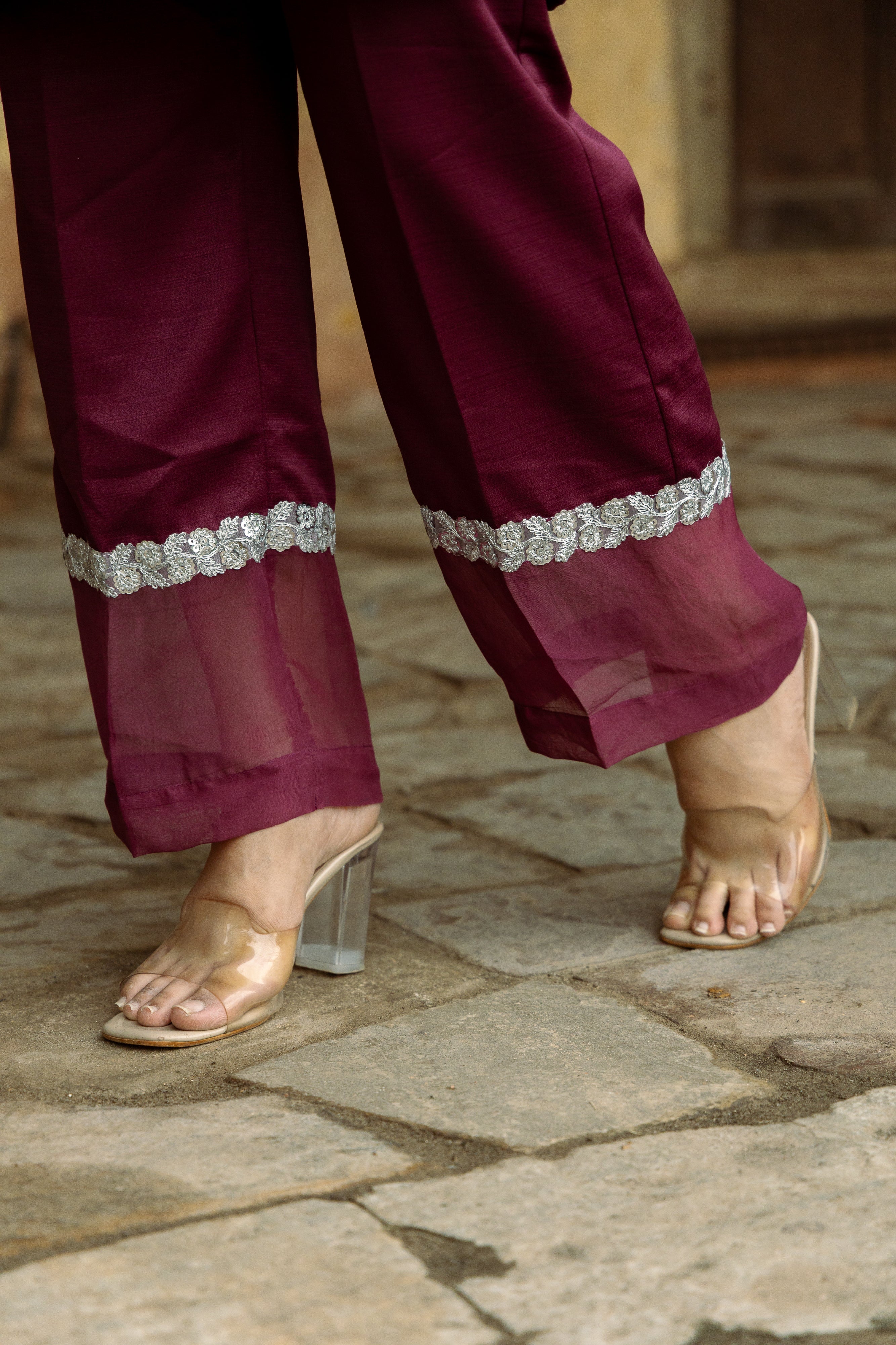 Zehra  Wine mirror lace kurta sets