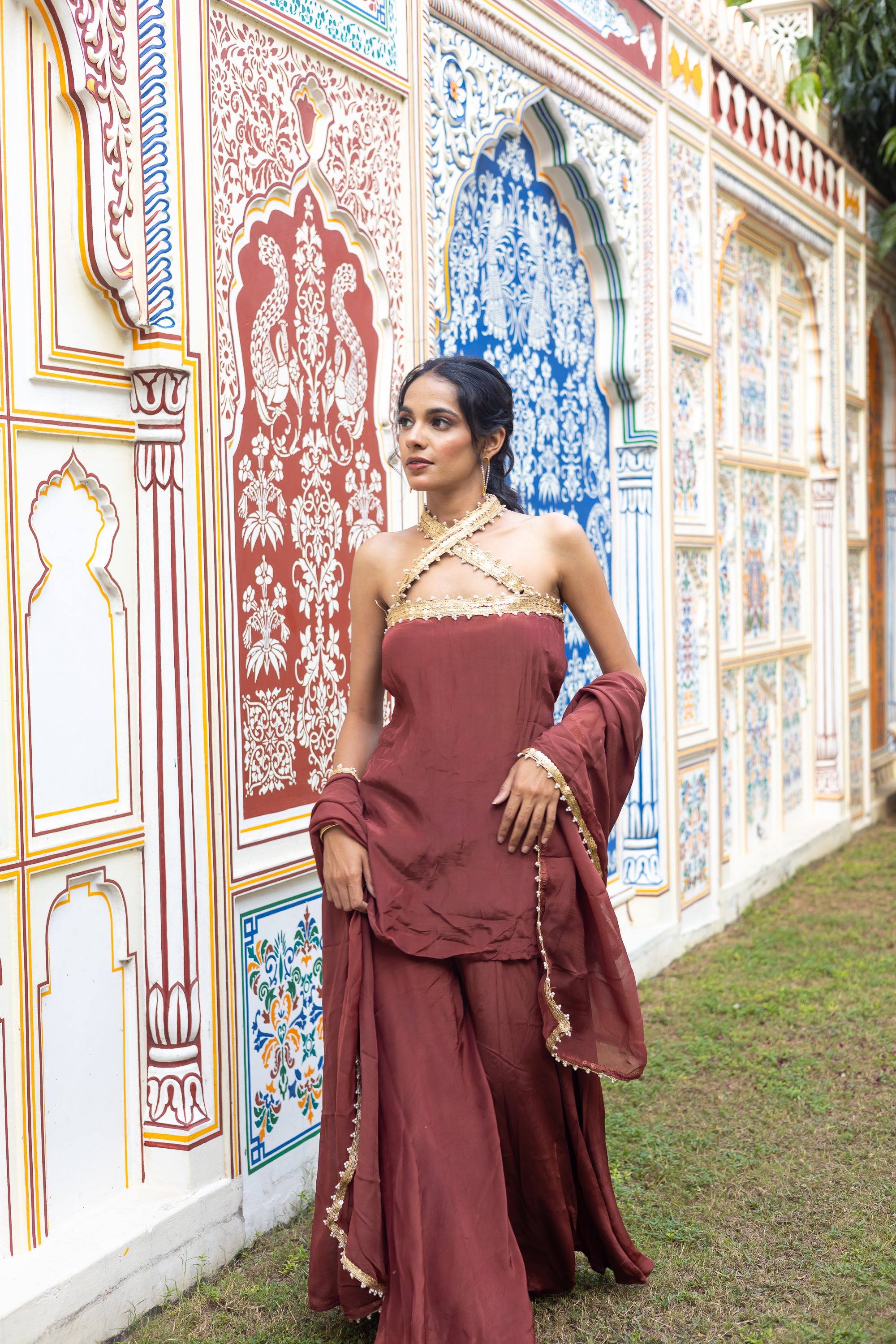 Syrah Criss-Cross Halter Sharara Set